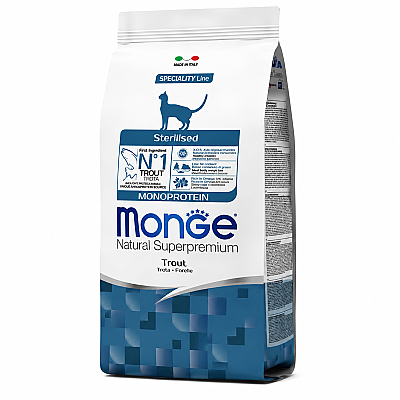 Monge Adult Cat Sterilised Monoprotein Trout / Kısırlaşdırılmış (Sterilizə olunmuş) Yetkin Pişiklər üçün Forelli Quru Yem 400 q - MONGE