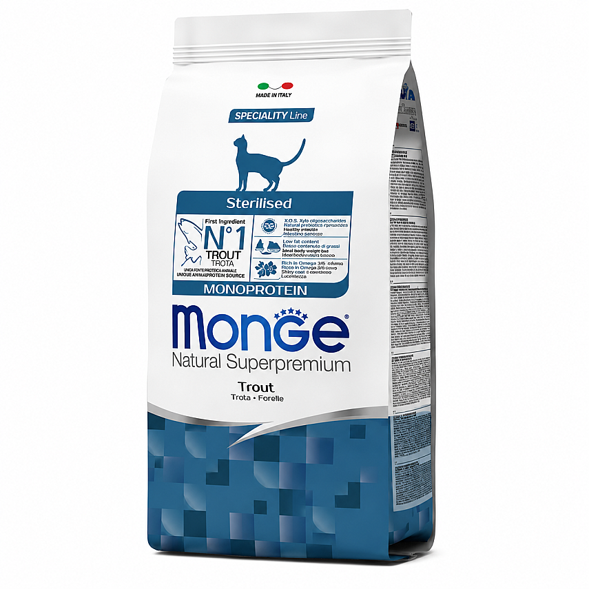 Monge Adult Cat Sterilised Monoprotein Trout / Kısırlaşdırılmış (Sterilizə olunmuş) Yetkin Pişiklər üçün Forelli Quru Yem 400 q - 1