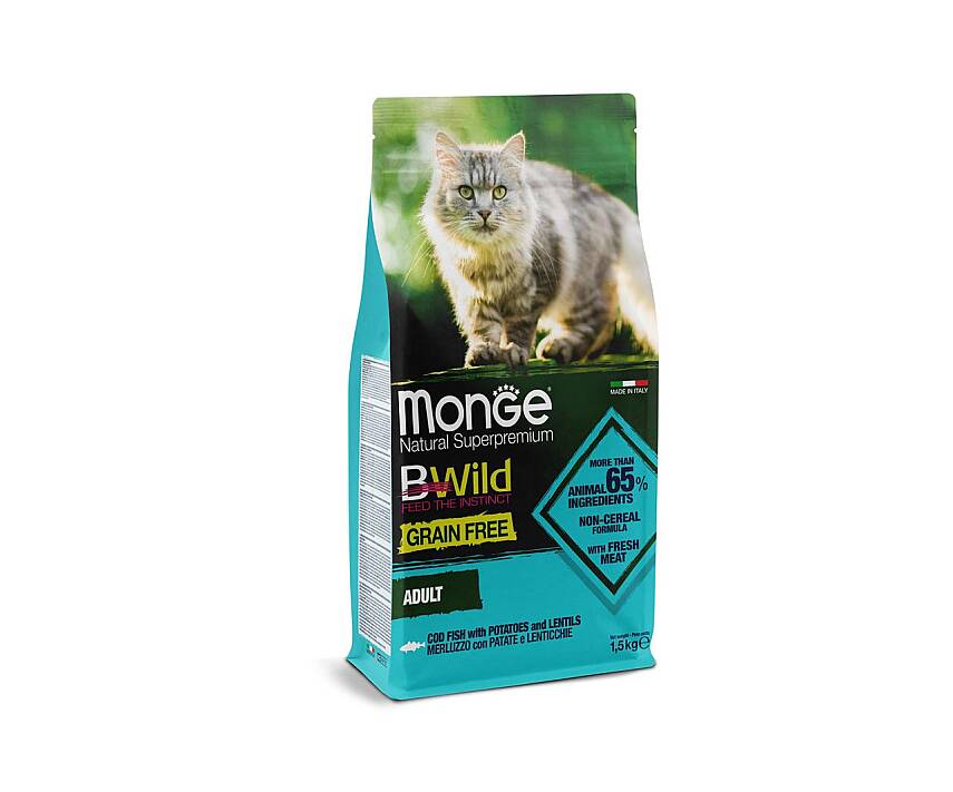 Monge BWild Adult Cat Cod with Potatoes & Lentils / Yetkin Pişiklər üçün Treska Balığı, Kartof və Mərciməkli Dənəsiz Quru Yem 1,5 kq - 1