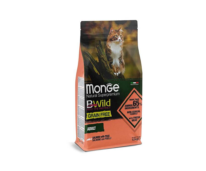 Monge BWild Adult Cat Salmon with Peas / Yetkin Pişiklər üçün Qızılbalıq və Noxudlu Dənəsiz Quru Yem 1,5 kq - 1