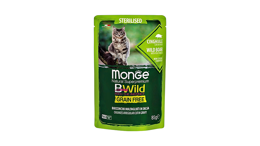 Monge Bwild Kısırlaşdırılmış (Steril) Pişiklər üçün Vəhşi Qaban Ətli Yaş yem, 85 qr - 1