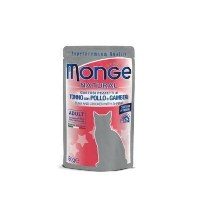 Monge Natural Tuna, Toyuq və Krevetli Jelly sousunda Pişik Yeməyi, 80 qr - MONGE