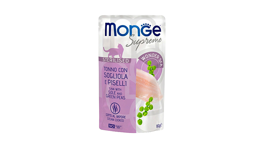 Monge Supreme Sterilized Pişiklər üçün Tuna, Okean Balığı və Yaşıl Noxudlu 80 qr - 1