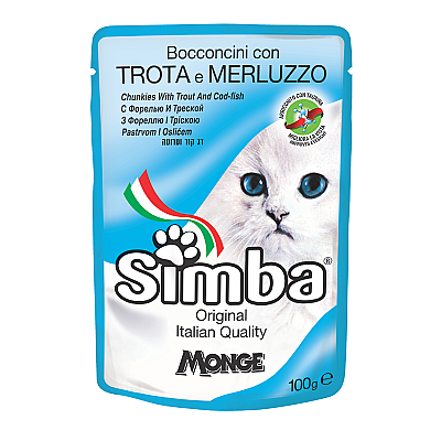 Simba Pişik üçün Forel və Treska Balığı ilə Tikəciklər, 100 qr - SIMBA
