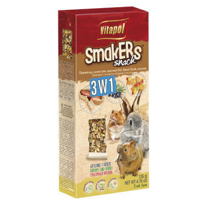 Vitapol Smakers – Gəmircilər üçün 3in1 Qoz-fındıq, yabanı giləmeyvə və popkorn çubuqlar 3 əd (135g) - VİTAPOL